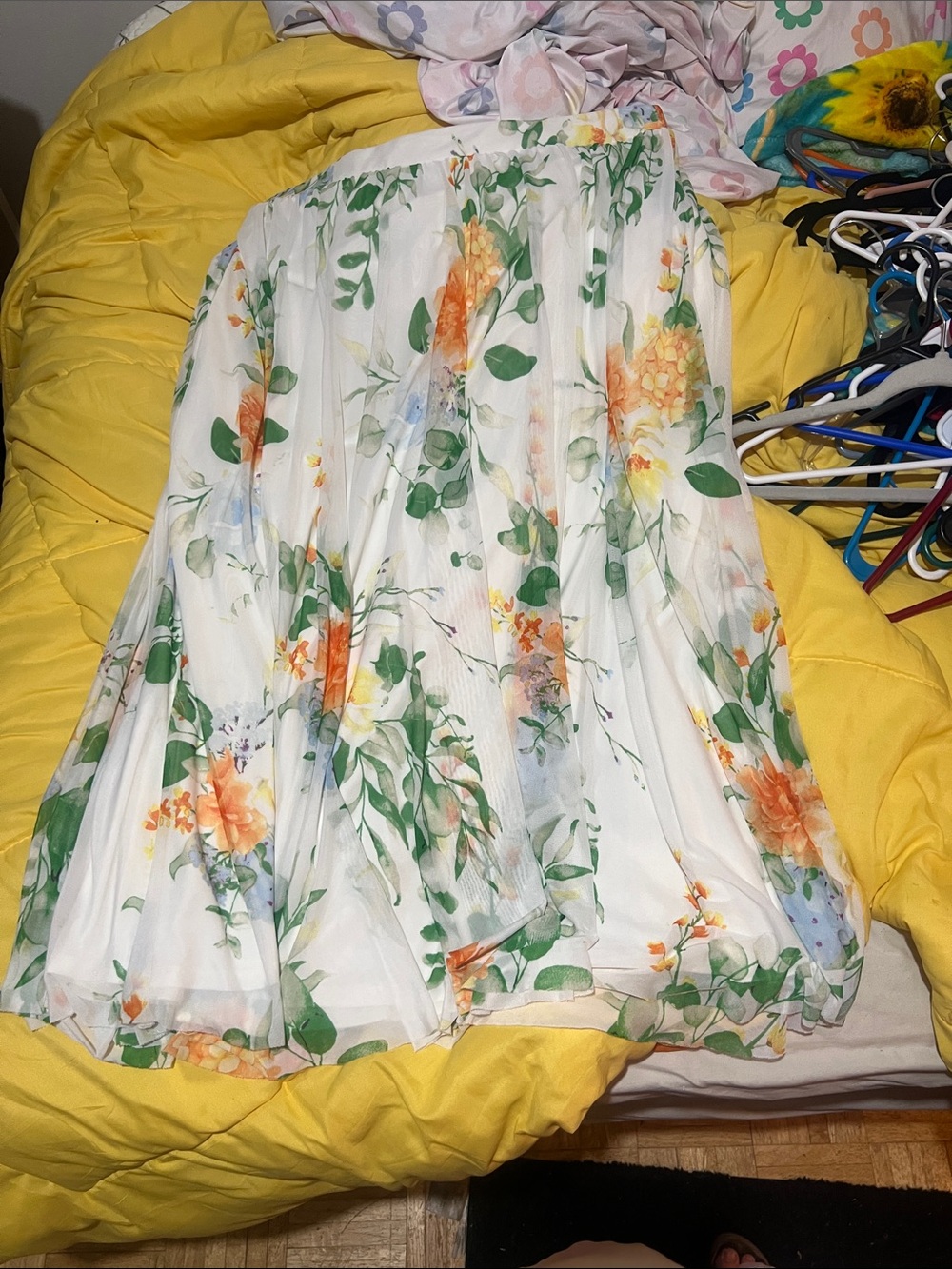Cato White A-Line Skirt with Green Leaves & Orange Floral Print